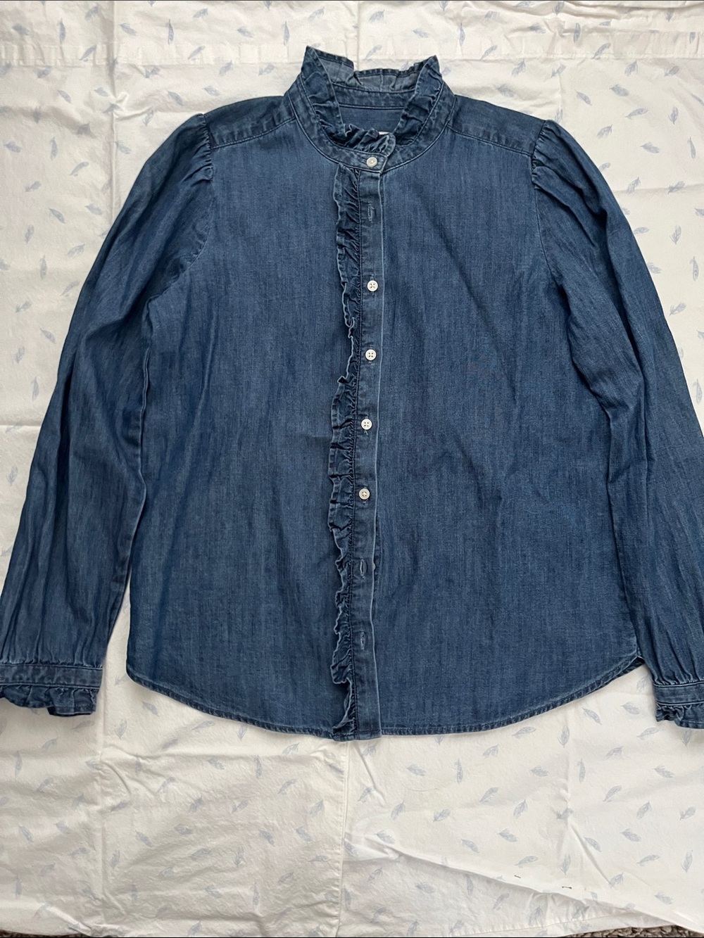 LOFT Dark Blue Denim Ruffled Button-Front Blouse